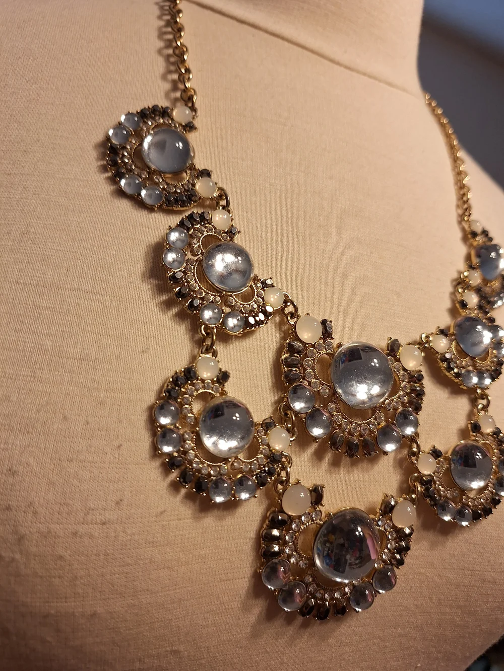 Gold Statement Necklace with Clear Cabochon Accents 22